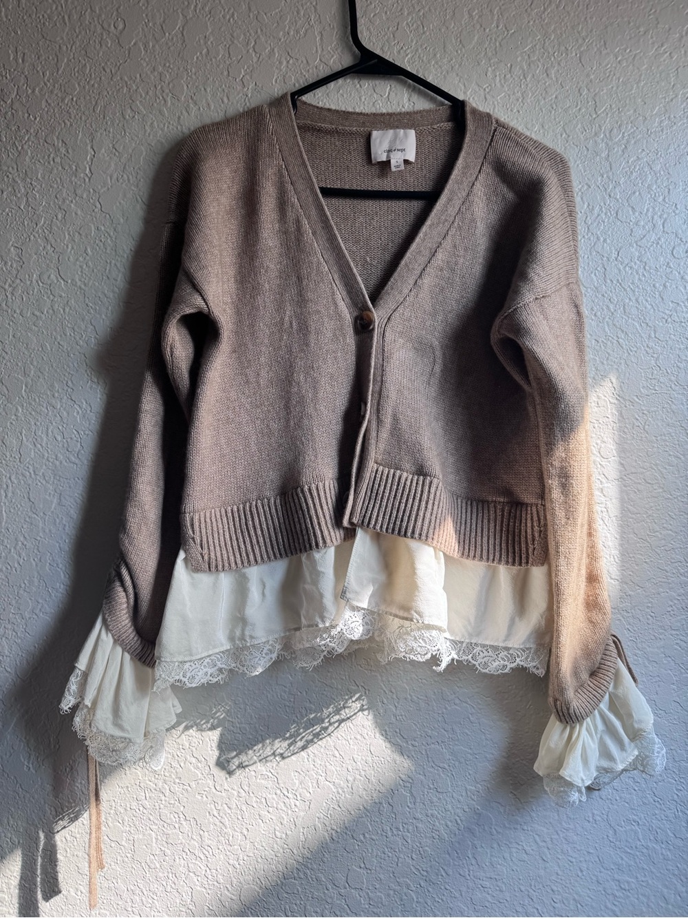 Cinq à Sept Cashmere Wool Cardigan Size S Silk Lace Ruffle Trim Taupe